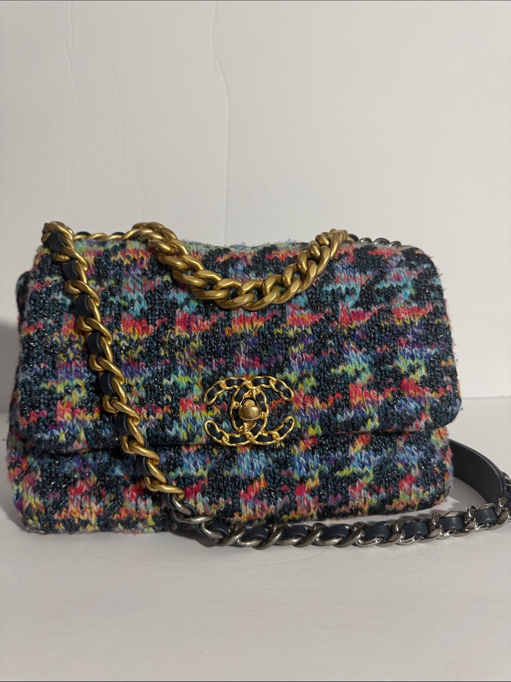 RARE CHANEL FLAP 19 Multicolor METALLIC Tweed Bag w AUTHENTIC TYE DYE interior